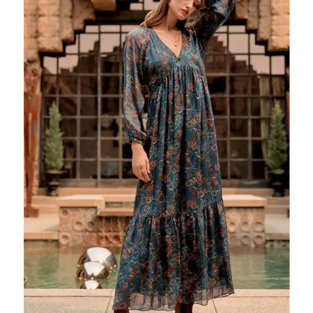 Johnny Was Jade boho tiered paisley silk maxi dress forest fairy whimsy sheer